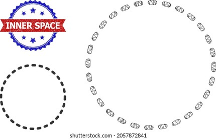 Mesh dashed circle area framework illustration, and bicolor unclean Inner Space seal. Mesh carcass illustration designed with dashed circle area pictogram.