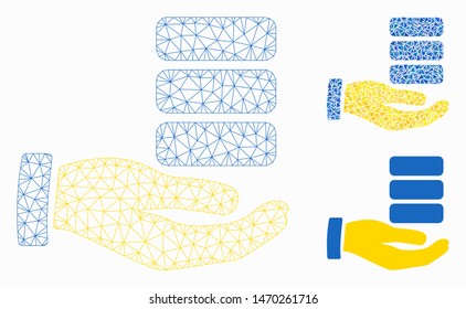 Mesh data provider hand model with triangle mosaic icon. Wire carcass triangular network of data provider hand. Vector mosaic of triangle elements in different sizes, and color tinges.