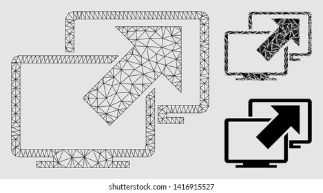 Mesh data transfer model with triangle mosaic icon. Wire carcass triangular mesh of data transfer. Vector mosaic of triangle parts in different sizes and color tones.