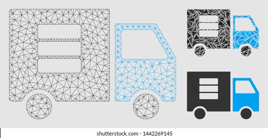 Mesh data transfer van model with triangle mosaic icon. Wire frame polygonal network of data transfer van. Vector composition of triangle elements in various sizes and color tinges.