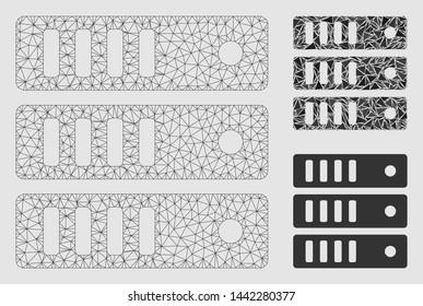 Mesh database server model with triangle mosaic icon. Wire frame polygonal mesh of database server. Vector composition of triangles in various sizes and color tinges.