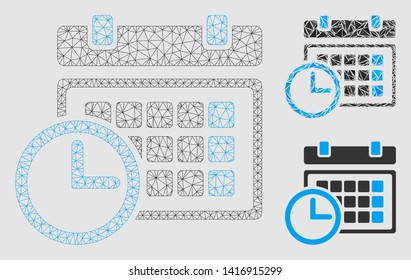 Mesh date and time model with triangle mosaic icon. Wire frame triangular mesh of date and time. Vector composition of triangles in variable sizes and color hues.