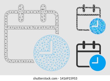 Mesh date time model with triangle mosaic icon. Wire carcass triangular mesh of date time. Vector mosaic of triangle elements in various sizes and color tones.