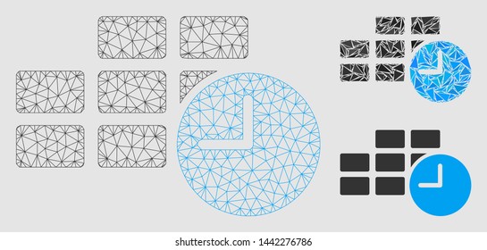 Mesh date time model with triangle mosaic icon. Wire frame polygonal mesh of date time. Vector mosaic of triangle parts in variable sizes and color tints.