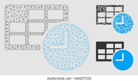 Mesh date and time model with triangle mosaic icon. Wire carcass polygonal network of date and time. Vector mosaic of triangle elements in variable sizes and color tinges.