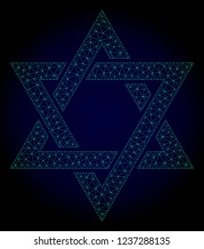 Mesh david star polygonal illustration. Abstract mesh lines, triangles and points on dark background with david star. Wire frame 2D polygonal line network in vector format on a dark blue background.