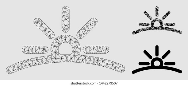Mesh dawn model with triangle mosaic icon. Wire frame triangular mesh of dawn. Vector mosaic of triangle elements in variable sizes and color shades. Abstract 2d mesh built from triangular lines.