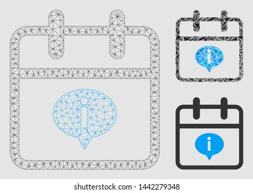 Mesh day information model with triangle mosaic icon. Wire frame polygonal mesh of day information. Vector mosaic of triangles in variable sizes and color hues.