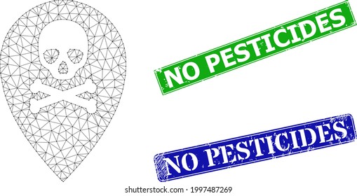 Mesh dead place marker image, and No Pesticides blue and green rectangle textured stamp seals. Polygonal carcass illustration based on dead place marker pictogram.