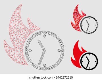 Mesh deadline burn clock model with triangle mosaic icon. Wire frame triangular mesh of deadline burn clock. Vector mosaic of triangles in variable sizes and color tints.
