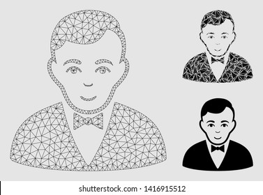 Mesh dealer model with triangle mosaic icon. Wire carcass triangular mesh of dealer. Vector collage of triangle parts in different sizes and color tones. Abstract 2d mesh designed with triangles.