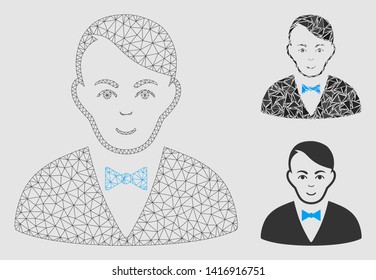 Mesh dealer model with triangle mosaic icon. Wire carcass triangular mesh of dealer. Vector mosaic of triangle elements in various sizes and color tints. Abstract flat mesh built from polygonal grid.