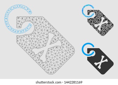 Mesh death bones tag model with triangle mosaic icon. Wire carcass polygonal mesh of death bones tag. Vector collage of triangle parts in various sizes and color shades.