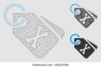 Mesh death bones tags model with triangle mosaic icon. Wire carcass polygonal mesh of death bones tags. Vector composition of triangle elements in different sizes and color shades.
