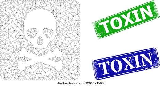 Mesh death box model, and Toxin blue and green rectangular rubber stamp seals. Mesh wireframe image created from death box pictogram. Seals contain Toxin tag inside rectangular form.