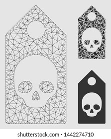Mesh death coupon model with triangle mosaic icon. Wire carcass polygonal network of death coupon. Vector mosaic of triangle parts in variable sizes and color tinges.