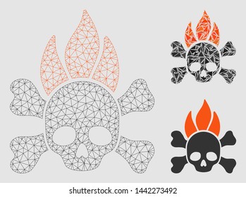 Mesh death fire model with triangle mosaic icon. Wire carcass triangular mesh of death fire. Vector mosaic of triangle parts in different sizes and color tones.