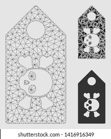 Mesh death label model with triangle mosaic icon. Wire carcass triangular mesh of death label. Vector collage of triangle elements in variable sizes and color hues.
