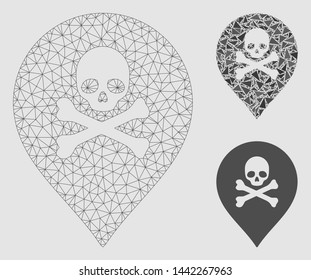 Mesh death marker model with triangle mosaic icon. Wire carcass polygonal mesh of death marker. Vector mosaic of triangle parts in various sizes and color tints.