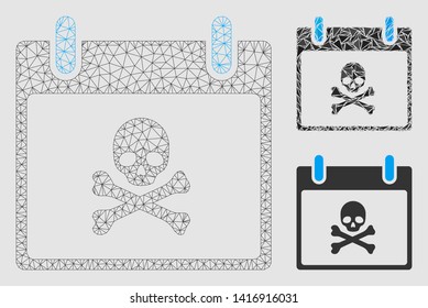 Mesh death skull calendar day model with triangle mosaic icon. Wire frame polygonal mesh of death skull calendar day. Vector composition of triangle elements in different sizes and color shades.