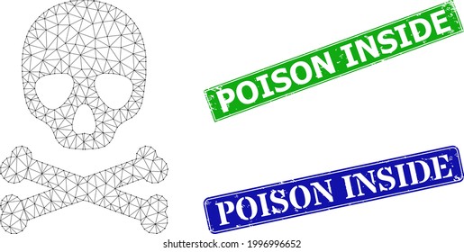 Mesh death skull model, and Poison Inside blue and green rectangular scratched stamps. Mesh wireframe illustration is based on death skull pictogram.