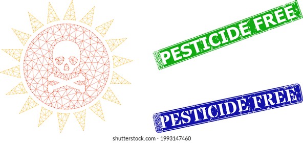 Mesh death sun radiation image, and Pesticide Free blue and green rectangular rubber stamp seals. Mesh carcass image based on death sun radiation pictogram.