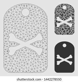 Mesh death tag model with triangle mosaic icon. Wire carcass polygonal mesh of death tag. Vector composition of triangle parts in different sizes and color tinges.