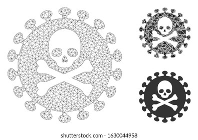 Mesh death virus model with triangle mosaic icon. Wire frame triangular mesh of death virus. Vector collage of triangles in different sizes, and color tones. Abstract flat mesh death virus,