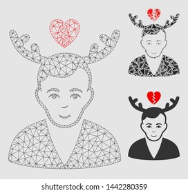 Mesh deceived horned husband model with triangle mosaic icon. Wire carcass triangular network of deceived horned husband. Vector mosaic of triangle elements in different sizes and color tints.