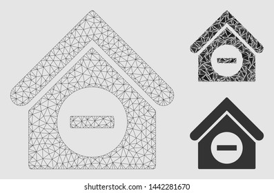 Mesh deduct building model with triangle mosaic icon. Wire carcass triangular mesh of deduct building. Vector mosaic of triangle elements in variable sizes and color tints.