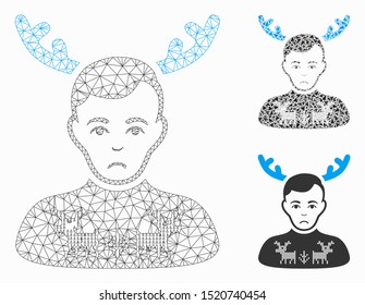 Mesh deers pullover horned husband model with triangle mosaic icon. Wire carcass polygonal mesh of deers pullover horned husband. Vector collage of triangle elements in different sizes,