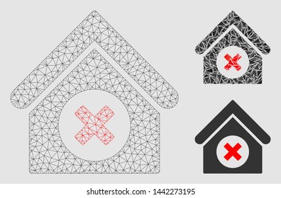 Mesh delete building model with triangle mosaic icon. Wire carcass polygonal mesh of delete building. Vector mosaic of triangle parts in various sizes and color hues.