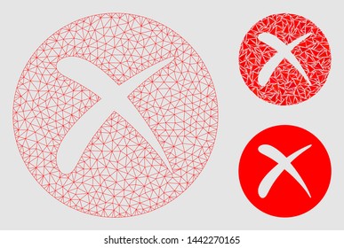Mesh delete model with triangle mosaic icon. Wire carcass polygonal mesh of delete. Vector mosaic of triangle elements in various sizes and color hues. Abstract 2d mesh designed with triangular lines.
