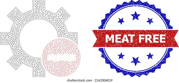 Mesh delete settings wireframe icon, and bicolor grunge Meat Free seal stamp. Polygonal wireframe image is designed with delete settings icon.