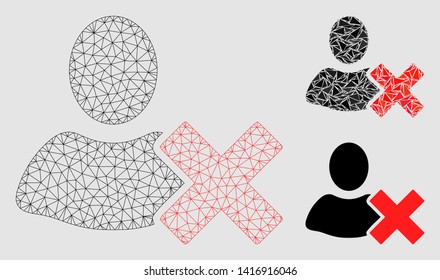 Mesh delete user model with triangle mosaic icon. Wire frame polygonal mesh of delete user. Vector collage of triangle parts in different sizes and color shades.