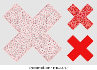 Mesh delete x-cross model with triangle mosaic icon. Wire carcass polygonal mesh of delete x-cross. Vector mosaic of triangle parts in different sizes and color hues.