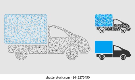 Mesh deliver model with triangle mosaic icon. Wire frame polygonal mesh of deliver. Vector collage of triangle parts in variable sizes and color tints. Abstract flat mesh designed with polygonal grid.