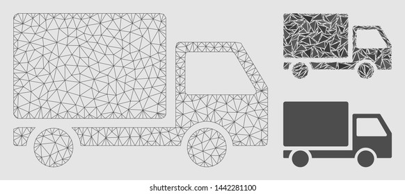 Mesh delivery lorry model with triangle mosaic icon. Wire frame triangular mesh of delivery lorry. Vector mosaic of triangle elements in various sizes and color tints.