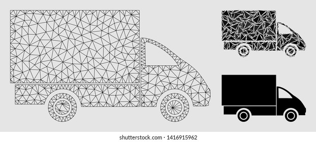 Mesh delivery model with triangle mosaic icon. Wire frame triangular mesh of delivery. Vector composition of triangle parts in various sizes and color tints.