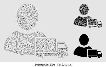 Mesh delivery model with triangle mosaic icon. Wire carcass triangular mesh of delivery. Vector mosaic of triangle elements in different sizes and color tones.