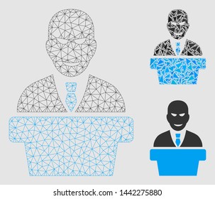 Mesh demagogue model with triangle mosaic icon. Wire frame polygonal network of demagogue. Vector mosaic of triangle elements in variable sizes and color hues.