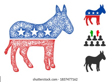 Mesh democratic donkey polygonal web icon vector illustration. Model is based on democratic donkey flat icon. Triangular net forms abstract democratic donkey flat model.