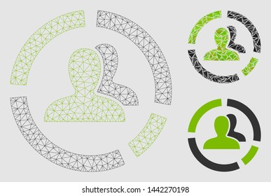 Mesh demography diagram model with triangle mosaic icon. Wire carcass polygonal mesh of demography diagram. Vector mosaic of triangle elements in various sizes and color tints.
