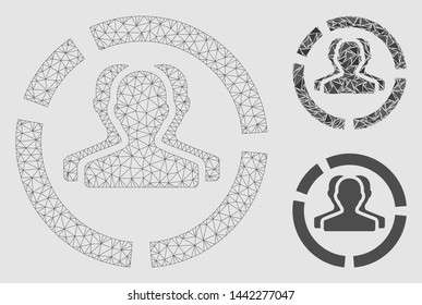 Mesh demography diagram model with triangle mosaic icon. Wire carcass polygonal mesh of demography diagram. Vector mosaic of triangle elements in different sizes and color hues.