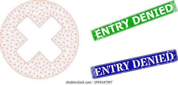 Mesh deny model, and Entry Denied blue and green rectangle textured seal prints. Mesh carcass image created from deny pictogram. Stamp seals include Entry Denied caption inside rectangle shape.