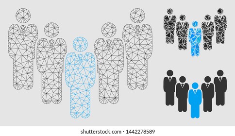Mesh department staff model with triangle mosaic icon. Wire frame triangular mesh of department staff. Vector mosaic of triangle elements in variable sizes and color shades.