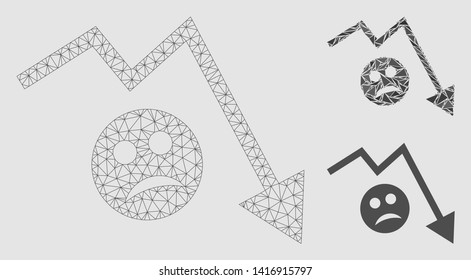 Mesh depression trend arrow model with triangle mosaic icon. Wire carcass polygonal mesh of depression trend arrow. Vector mosaic of triangle elements in different sizes and color tones.