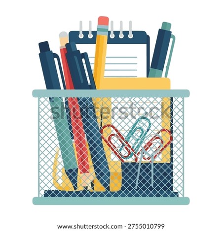 A mesh desk organizer filled with office supplies including pens, pencils, paper clips, and a notepad on a white background, ideal for business, education, or marketing concepts.