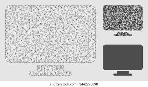 Mesh desktop model with triangle mosaic icon. Wire carcass polygonal mesh of desktop. Vector collage of triangle parts in various sizes and color hues. Abstract 2d mesh built from polygonal grid.
