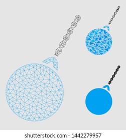 Mesh destruction hammer model with triangle mosaic icon. Wire frame triangular mesh of destruction hammer. Vector composition of triangle elements in various sizes and color tinges.